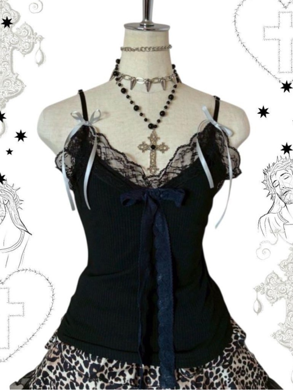 J-Fashion black ribbed cami with ribbon no size tag
